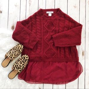 Cotton Emporium Red Cable Knit Crewneck Sweater